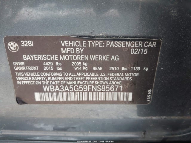 45068532 :رقم المزاد ، WBA3A5G59FNS85671 vin ، 2015 Bmw 328i مزاد بيع