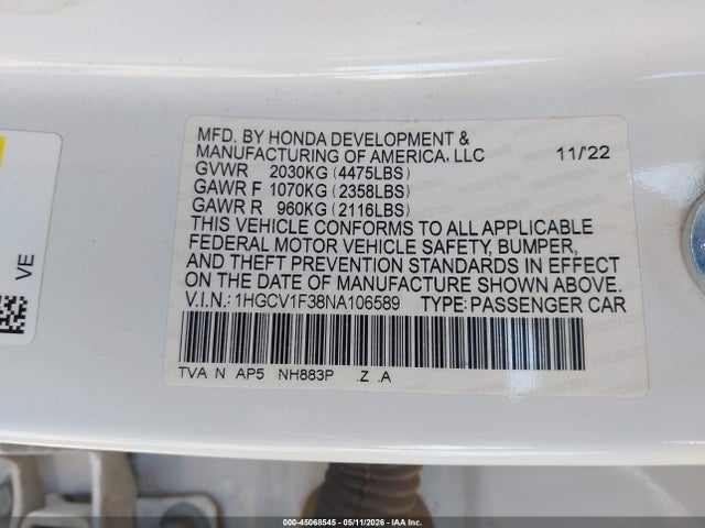 1HGCV1F38NA106589 Honda Accord Sport