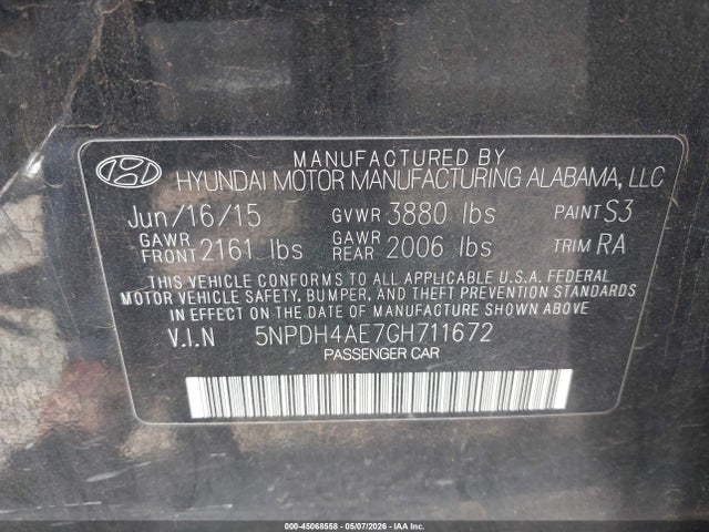 45068558 :رقم المزاد ، 5NPDH4AE7GH711672 vin ، 2016 Hyundai Elantra Se مزاد بيع
