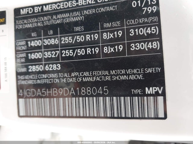 Aukcja sprzedaży 2013 Mercedes-benz Ml 350 4matic, vin: 4JGDA5HB9DA188045, numer aukcji: 45068563