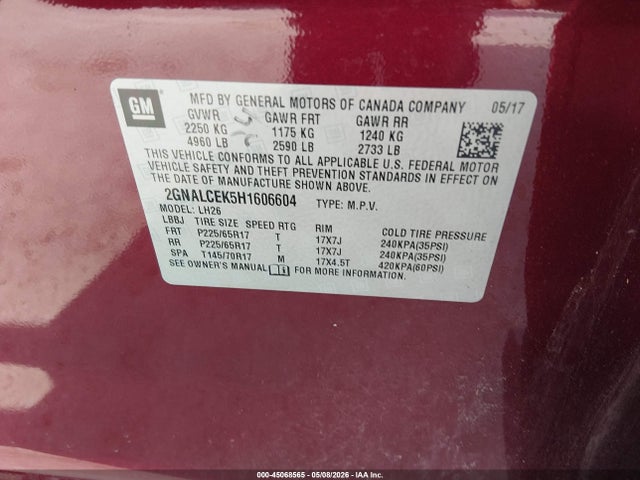 45068565 :رقم المزاد ، 2GNALCEK5H1606604 vin ، 2017 Chevrolet Equinox Lt مزاد بيع