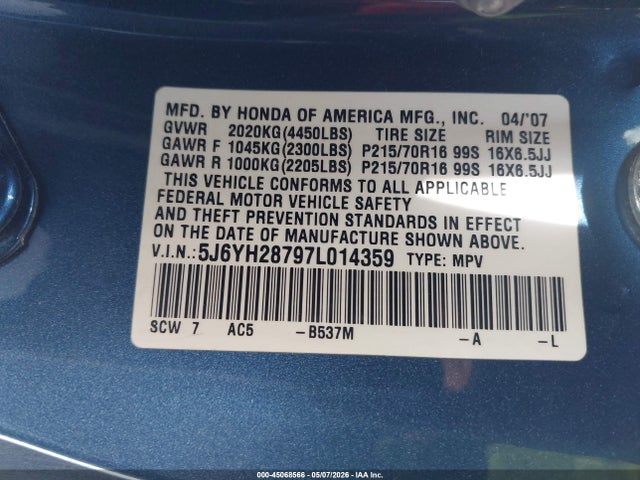 Продаж на аукціоні авто 2007 Honda Element Ex, vin: 5J6YH28797L014359, номер лоту: 45068566