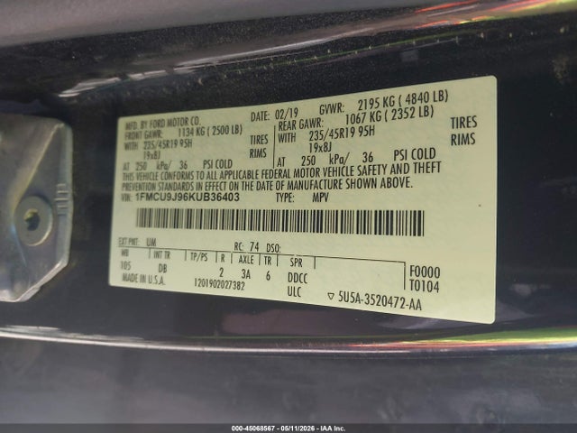 Aukcja sprzedaży 2019 Ford Escape Titanium, vin: 1FMCU9J96KUB36403, numer aukcji: 45068567