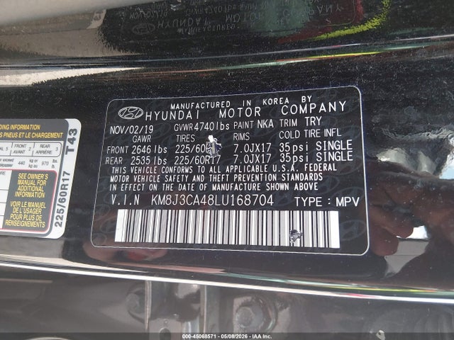 2020 Hyundai Tucson Value მანქანა იყიდება აუქციონზე, vin: KM8J3CA48LU168704, აუქციონის ნომერი: 45068571