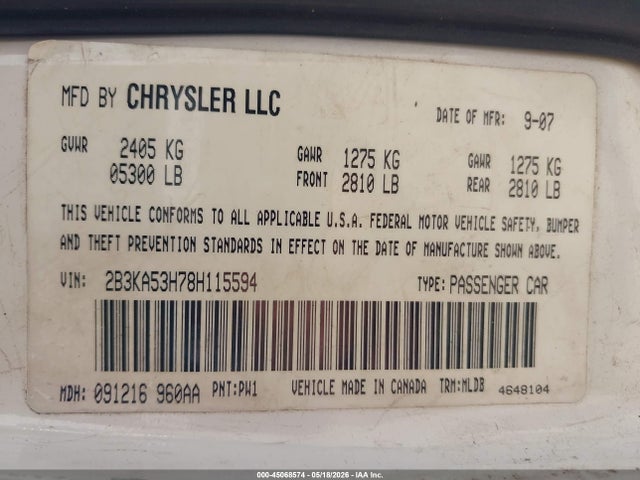 Aukcja sprzedaży 2008 Dodge Charger R/t, vin: 2B3KA53H78H115594, numer aukcji: 45068574