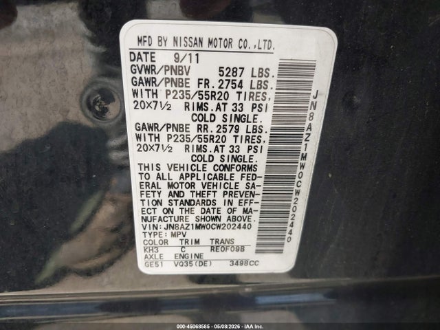 Продажа на аукционе авто 2012 Nissan Murano Le, vin: JN8AZ1MW0CW202440, номер лота: 45068585