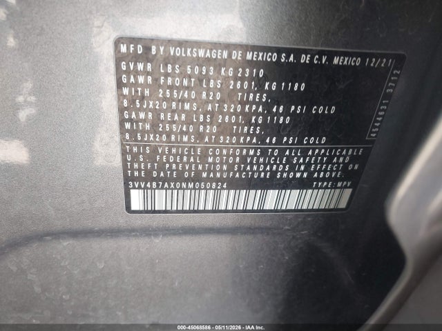 Aukcja sprzedaży 2022 Volkswagen Tiguan 2.0t Sel R-line, vin: 3VV4B7AX0NM050824, numer aukcji: 45068586