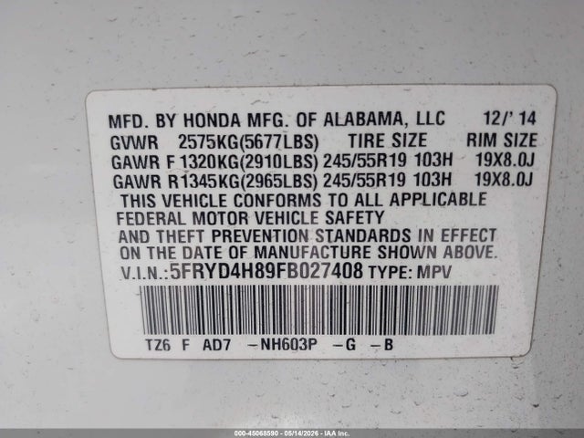 45068590 :رقم المزاد ، 5FRYD4H89FB027408 vin ، 2015 Acura Mdx Advance Pkg W/entertainment Pkg مزاد بيع