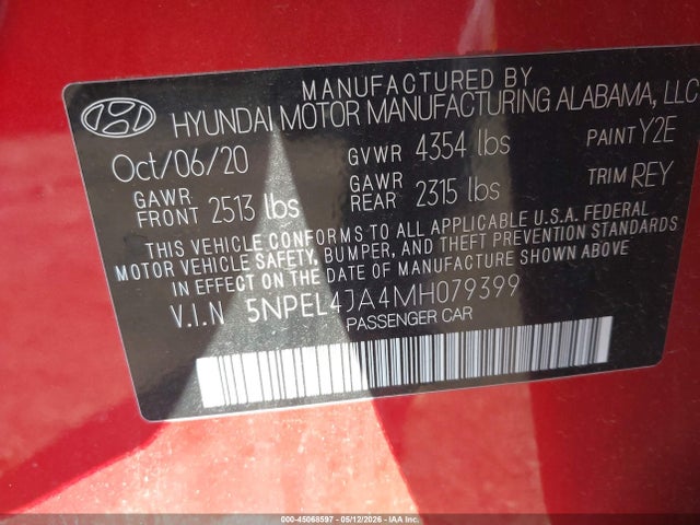 2021 Hyundai Sonata Sel მანქანა იყიდება აუქციონზე, vin: 5NPEL4JA4MH079399, აუქციონის ნომერი: 45068597
