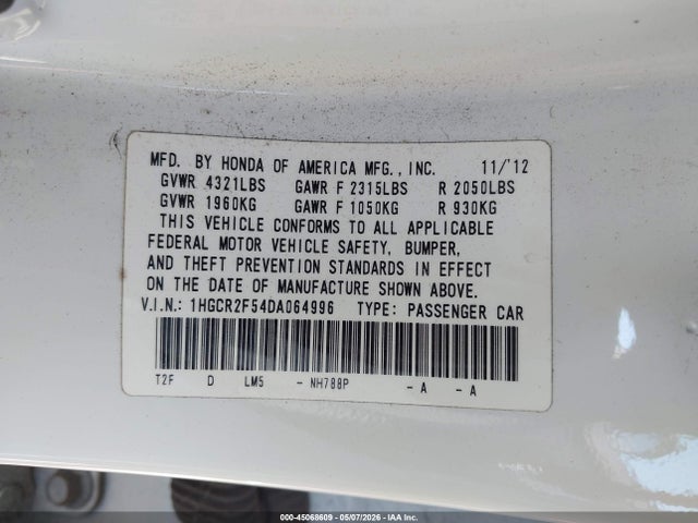 2013 Honda Accord Sport მანქანა იყიდება აუქციონზე, vin: 1HGCR2F54DA064996, აუქციონის ნომერი: 45068609