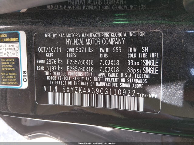 45068611 :رقم المزاد ، 5XYZK4AG9CG110922 vin ، 2012 Hyundai Santa Fe Limited V6 مزاد بيع