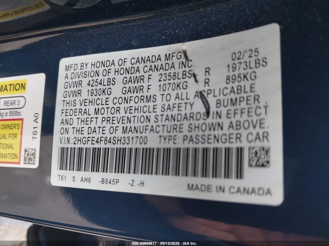 Aukcja sprzedaży 2025 Honda Civic Hybrid Sport/sport Touring, vin: 2HGFE4F84SH331700, numer aukcji: 45068617