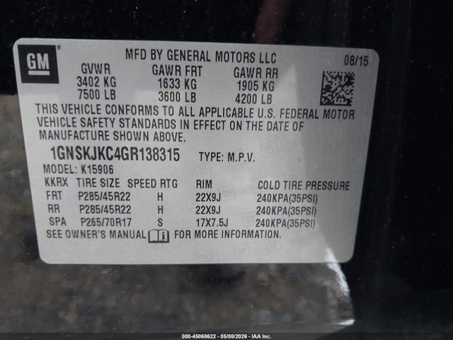 45068622 :رقم المزاد ، 1GNSKJKC4GR138315 vin ، 2016 Chevrolet Suburban Ltz مزاد بيع