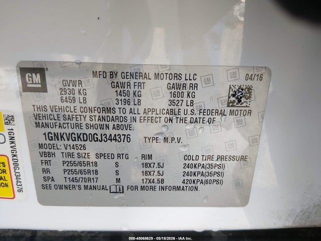 Chevrolet Traverse 1lt 2016 1GNKVGKD0GJ344376 Image 9