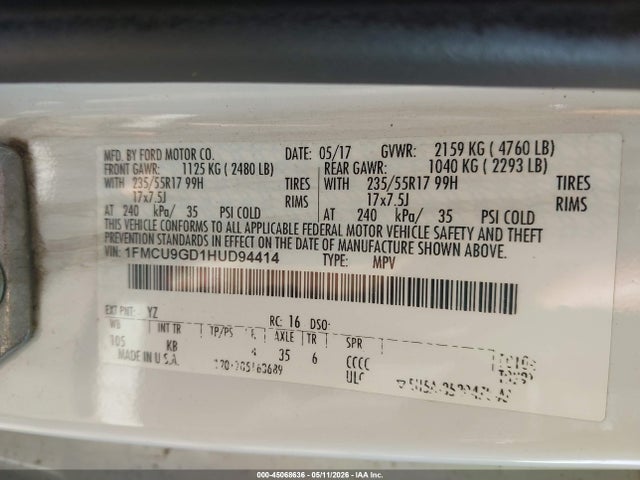 Продажа на аукционе авто 2017 Ford Escape Se, vin: 1FMCU9GD1HUD94414, номер лота: 45068636