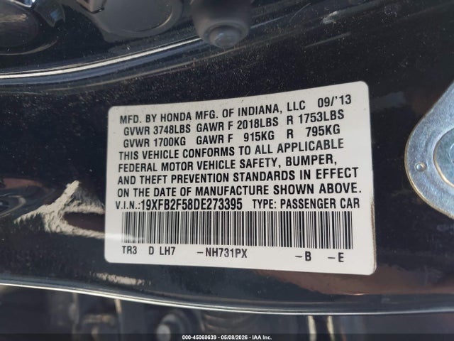 Aukcja sprzedaży 2013 Honda Civic Lx, vin: 19XFB2F58DE273395, numer aukcji: 45068639