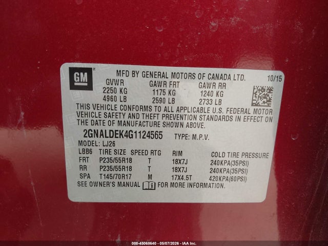 45068640 :رقم المزاد ، 2GNALDEK4G1124565 vin ، 2016 Chevrolet Equinox Ltz مزاد بيع