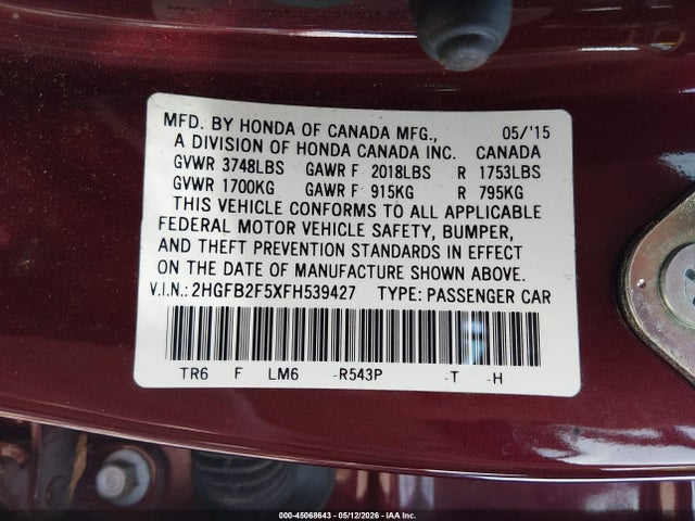 Honda Civic Lx 2015 2HGFB2F5XFH539427 Image 9