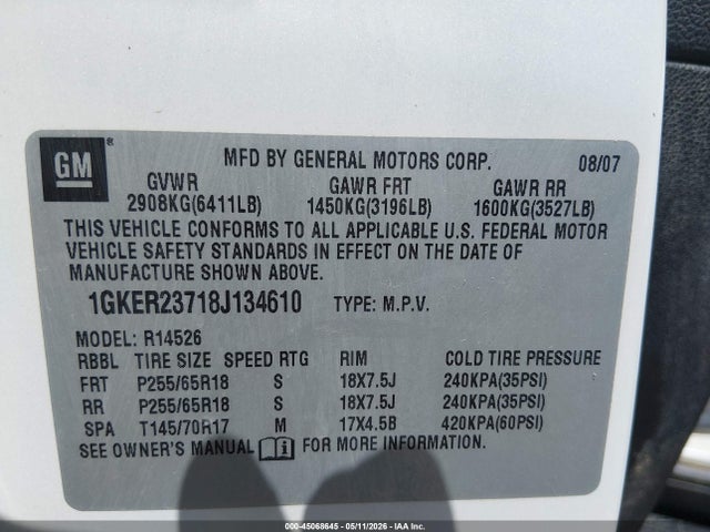 Продаж на аукціоні авто 2008 Gmc Acadia Slt-1, vin: 1GKER23718J134610, номер лоту: 45068645