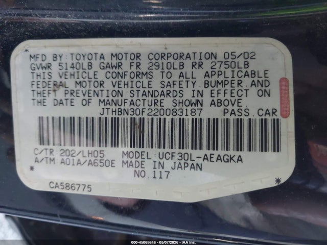 Продажа на аукционе авто 2002 Lexus Ls 430, vin: JTHBN30F220083187, номер лота: 45068646