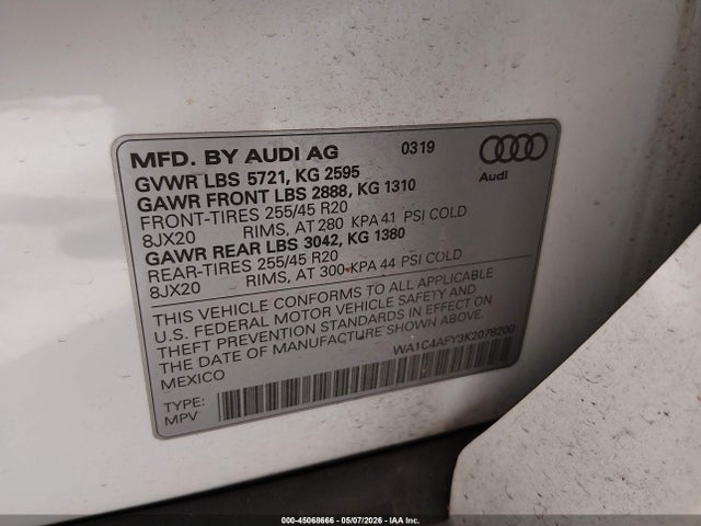 Продаж на аукціоні авто 2019 Audi Sq5 3.0t Premium, vin: WA1C4AFY3K2078200, номер лоту: 45068666