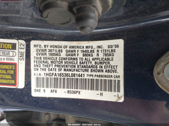 Aukcja sprzedaży 2006 Honda Civic Lx, vin: 1HGFA16536L081441, numer aukcji: 45068681