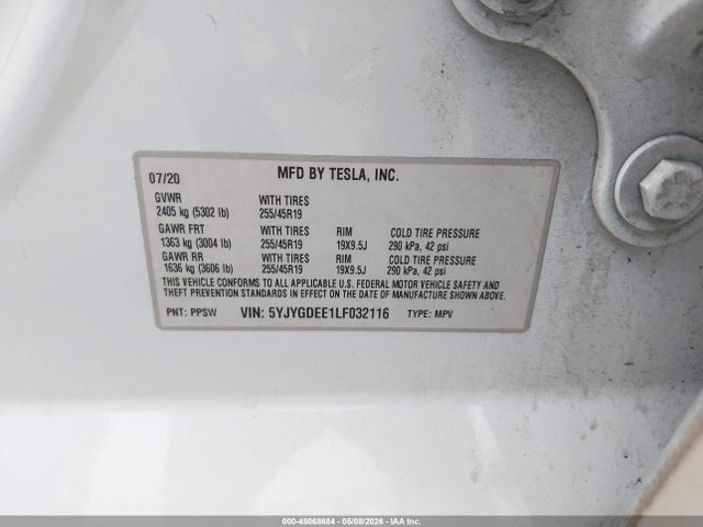 Aukcja sprzedaży 2020 Tesla Model Y Long Range Dual Motor All-wheel Drive, vin: 5YJYGDEE1LF032116, numer aukcji: 45068684