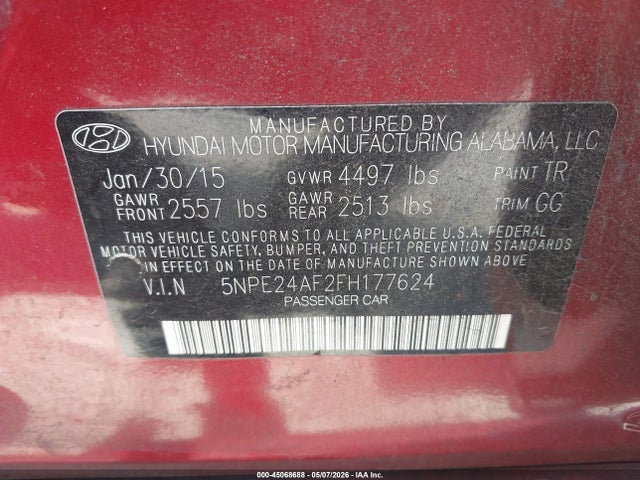 5NPE24AF2FH177624 Hyundai SONATA SE