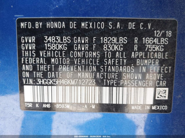 3HGGK5H46KM712723 Honda FIT LX