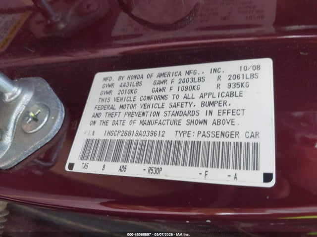 Aukcja sprzedaży 2009 Honda Accord 2.4 Ex-l, vin: 1HGCP26819A039612, numer aukcji: 45068697