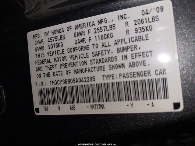 Продаж на аукціоні авто 2009 Honda Accord 3.5 Ex-l, vin: 1HGCP36809A042295, номер лоту: 45068709