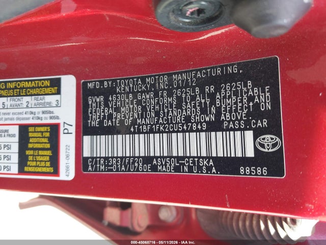 2012 Toyota Camry Se მანქანა იყიდება აუქციონზე, vin: 4T1BF1FK2CU547849, აუქციონის ნომერი: 45068716