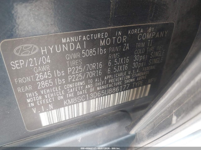 45068717 :رقم المزاد ، KM8SC13D65U886177 vin ، 2005 Hyundai Santa Fe Gls مزاد بيع