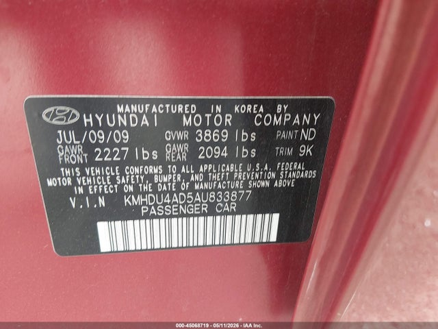 2010 Hyundai Elantra Gls მანქანა იყიდება აუქციონზე, vin: KMHDU4AD5AU833877, აუქციონის ნომერი: 45068719