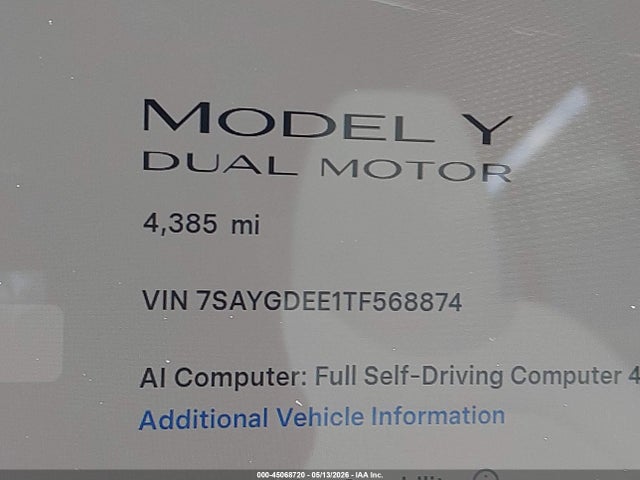 Продажа на аукционе авто 2026 Tesla Model Y, vin: 7SAYGDEE1TF568874, номер лота: 45068720