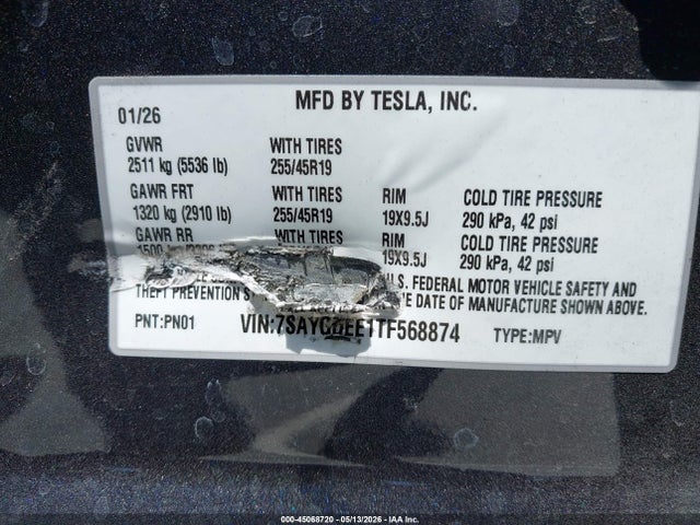 Продажа на аукционе авто 2026 Tesla Model Y, vin: 7SAYGDEE1TF568874, номер лота: 45068720