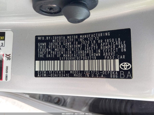 2014 Toyota Corolla L მანქანა იყიდება აუქციონზე, vin: 5YFBURHE9EP062219, აუქციონის ნომერი: 45068727