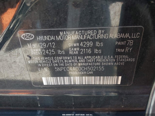 Aukcja sprzedaży 2012 Hyundai Sonata Limited, vin: 5NPEC4AC0CH502155, numer aukcji: 45068728