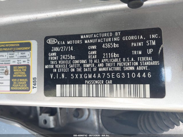 2014 Kia Optima Lx მანქანა იყიდება აუქციონზე, vin: 5XXGM4A75EG310446, აუქციონის ნომერი: 45068742