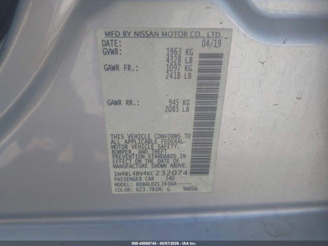 Nissan Altima 2.5 S 2019 1N4BL4BV4KC232074 Image 9