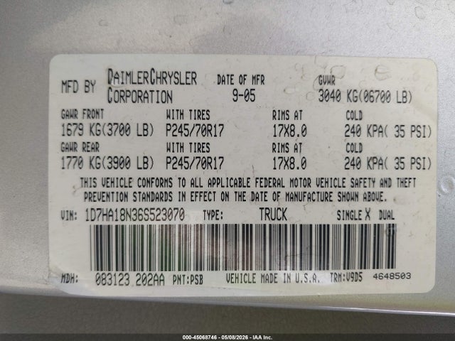 45068746 :رقم المزاد ، 1D7HA18N36S523070 vin ، 2006 Dodge Ram 1500 Slt مزاد بيع