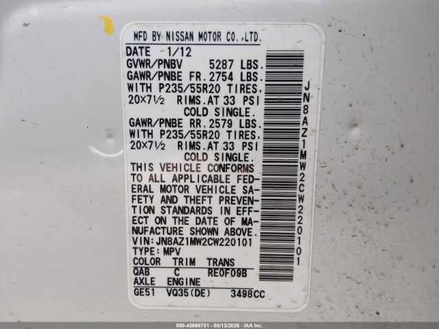 Продажа на аукционе авто 2012 Nissan Murano Le, vin: JN8AZ1MW2CW220101, номер лота: 45068751