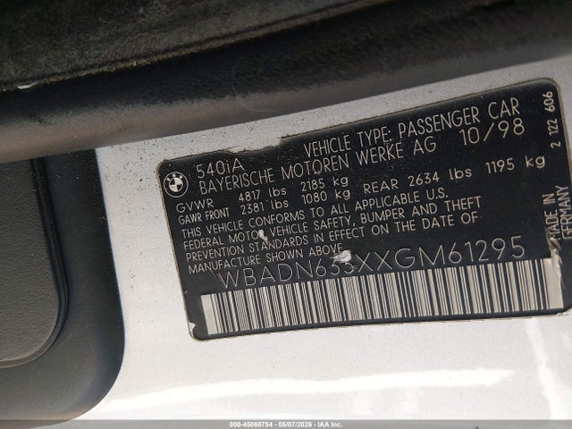 45068754 :رقم المزاد ، WBADN633XXGM61295 vin ، 1999 Bmw 540ia مزاد بيع