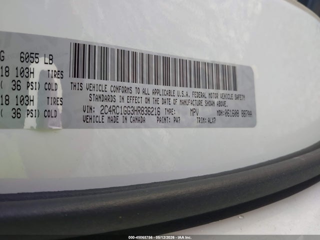 Aukcja sprzedaży 2017 Chrysler Pacifica Limited, vin: 2C4RC1GG3HR836216, numer aukcji: 45068756