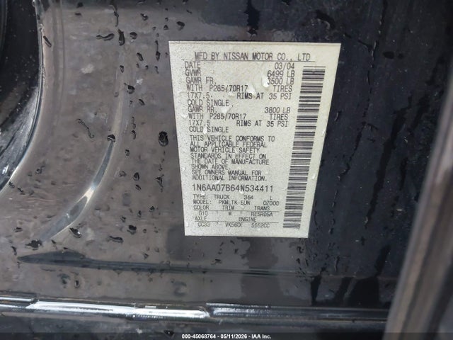 Продаж на аукціоні авто 2004 Nissan Titan Se, vin: 1N6AA07B64N534411, номер лоту: 45068764