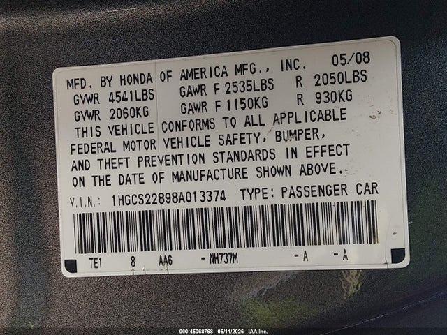 Продаж на аукціоні авто 2008 Honda Accord 3.5 Ex-l, vin: 1HGCS22898A013374, номер лоту: 45068768