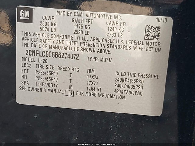 45068775 :رقم المزاد ، 2CNFLCEC6B6274072 vin ، 2011 Chevrolet Equinox Ls مزاد بيع