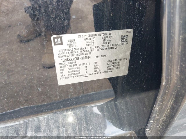2015 Chevrolet Suburban 1500 Ltz მანქანა იყიდება აუქციონზე, vin: 1GNSKKKC5FR190914, აუქციონის ნომერი: 45068778