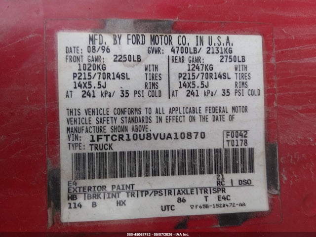 45068783 :رقم المزاد ، 1FTCR10U8VUA10870 vin ، 1997 Ford Ranger Splash/xl/xlt مزاد بيع