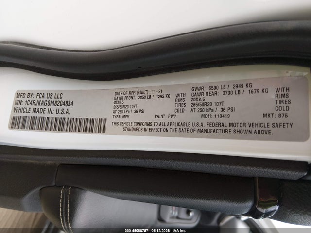 45068787 :رقم المزاد ، 1C4RJKAG0M8204834 vin ، 2021 Jeep Grand Cherokee L Altitude 4x4 مزاد بيع